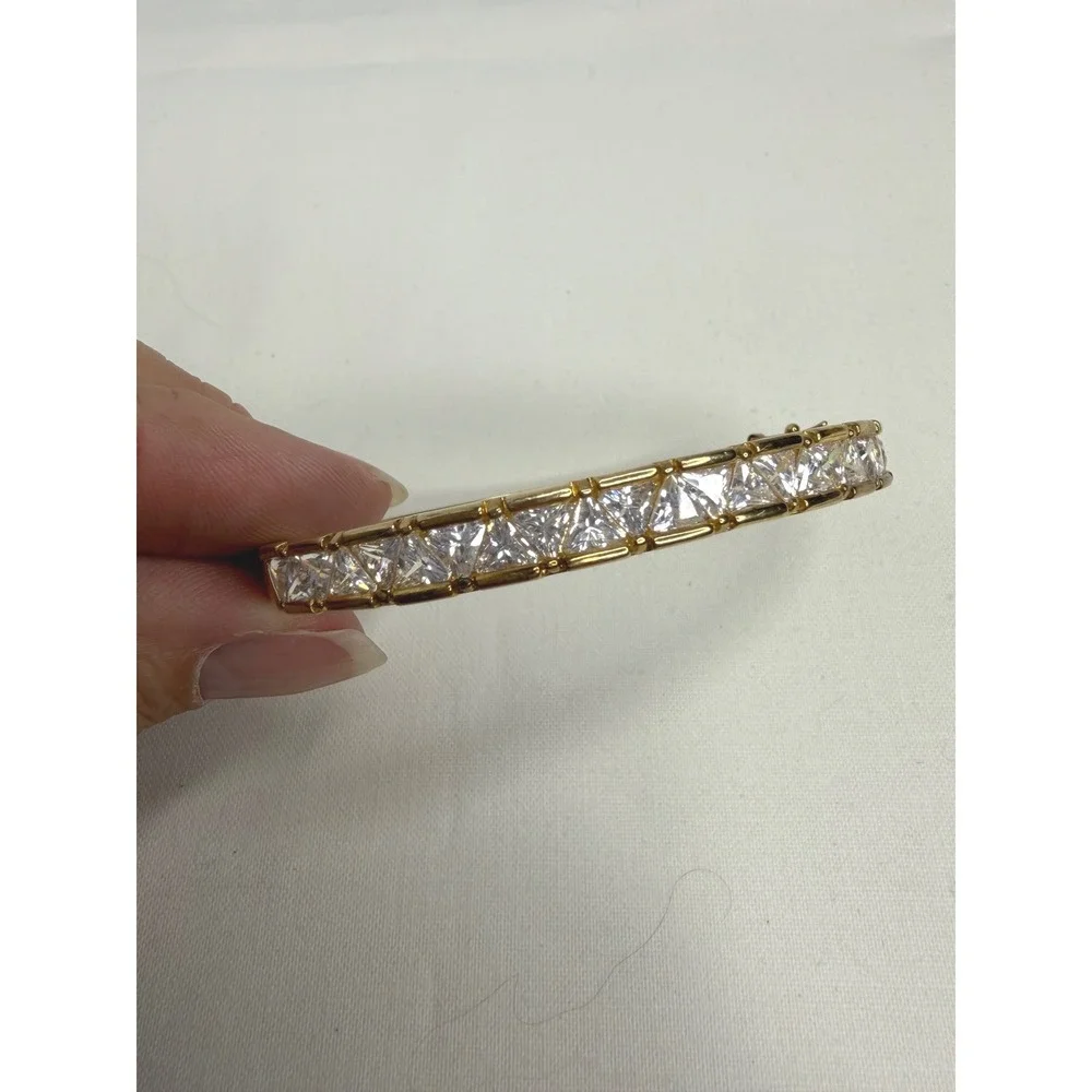 925 Sterling Silver Gold Tone Princess Cut CZ Hinged Bangle Bracelet